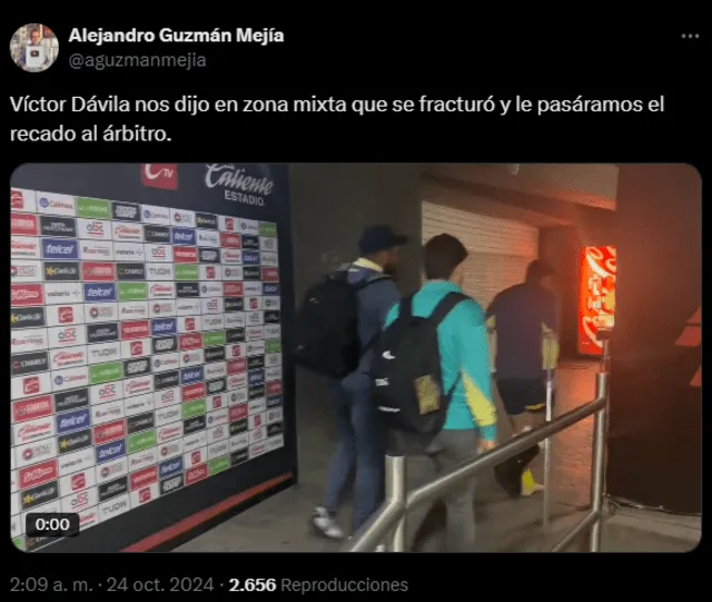  Víctor Dávila sale en muletas del Estadio Caliente. Foto: captura de X/Alejandro Guzmán Mejía   