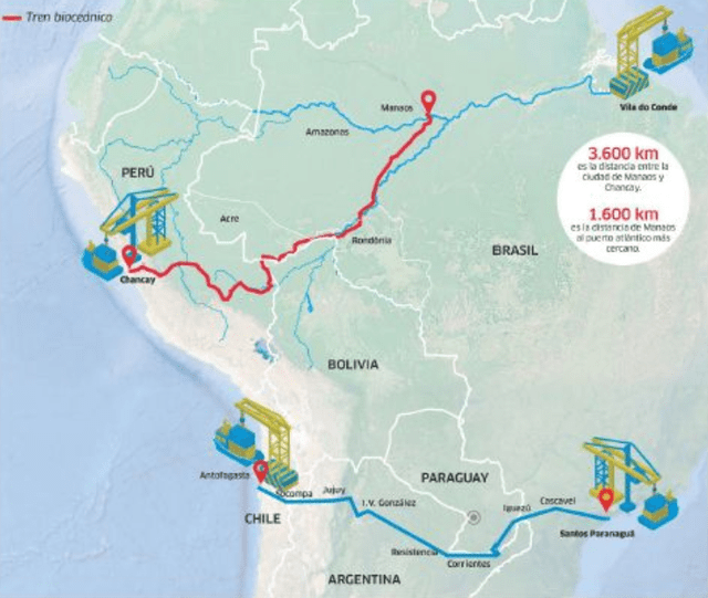  Ruta del tren bioceánico y corredor bioceánico de Perú y Chile, respectivamente. Foto: La República   