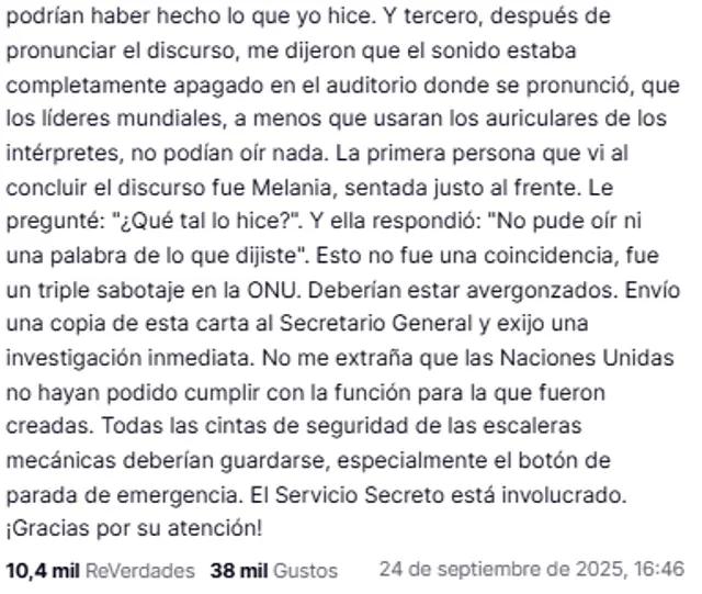  Segunda parte de la acusación de Trump a la ONU. Foto: @realDonaldTrump/Truth Social<br>    