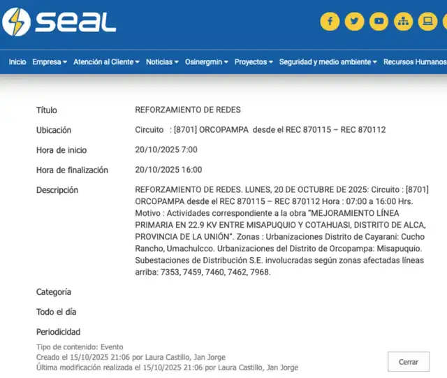 Seal | corte de luz en Arequipa | corte de luz octubre Seal | corte de luz en Arequipa | corte de luz octubre