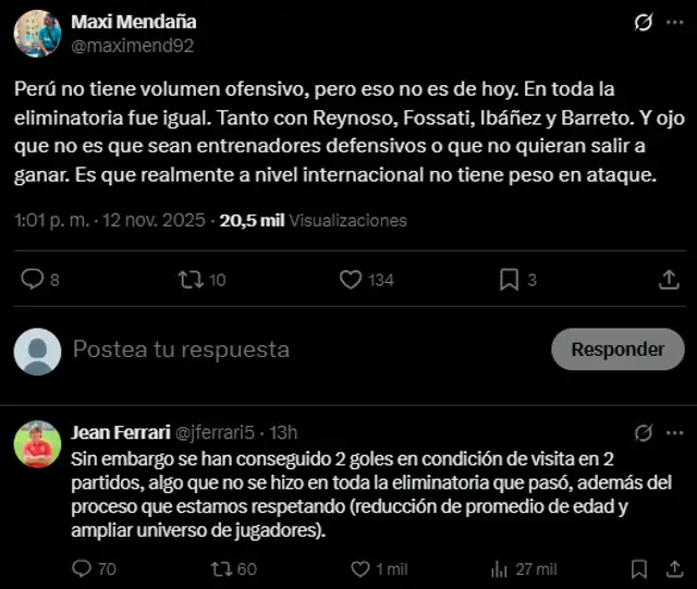  Respuesta de Jean Ferrari en redes sociales tras empate de Perú. Foto: Twitter   