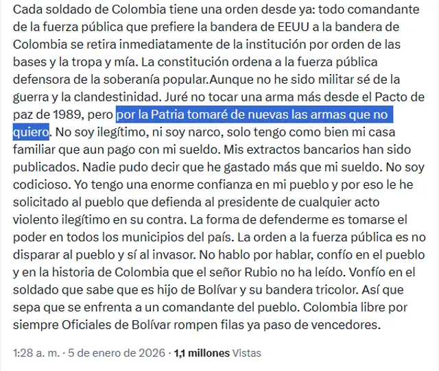 Petro asegura que tomará las armas si ocurre un ataque estadounidense en Colombia. Foto: @petrogustavo/X<br> Petro asegura que tomará las armas si ocurre un ataque estadounidense en Colombia. Foto: @petrogustavo/X<br>