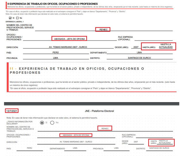 Ambos documentos facilitados por el área de prensa del JNE confirman que la candidata a primera vicepresidenta de la República continúa siendo funcionaria del Reniec. Foto: JNE.