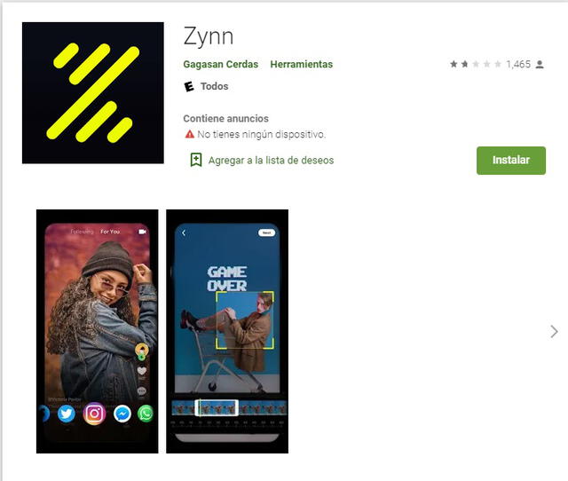 Zynn en el Google Play para Android. (Foto: Captura)