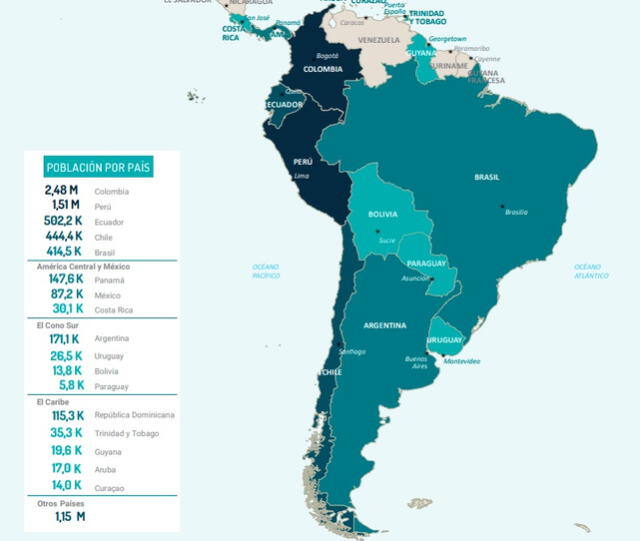 Mapa específico de la inmigración venezolano a comienzos de 2023. Foto: R4V 