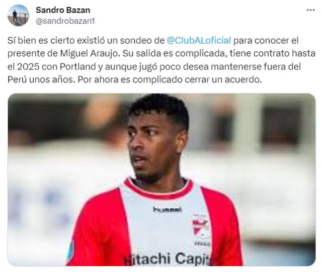 Tuit de Sandro Bazán sobre Miguel Araujo. Foto: captura X   