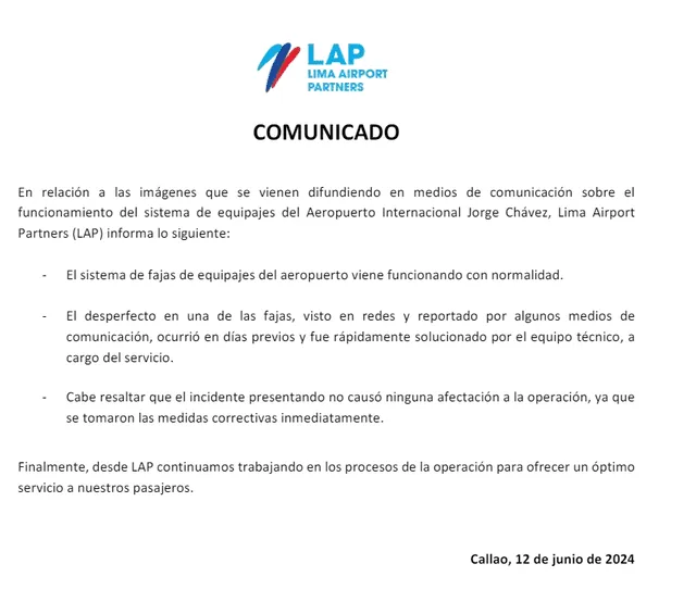 Comunicado de LAP tras fallo en la cinta transportadora de equipaje del aeropuerto Jorge Chávez. Foto: captura/LAP   