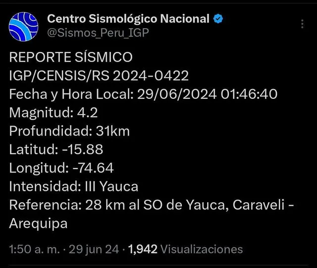  Temblor de magnitud 4,2 en Arequipa.   