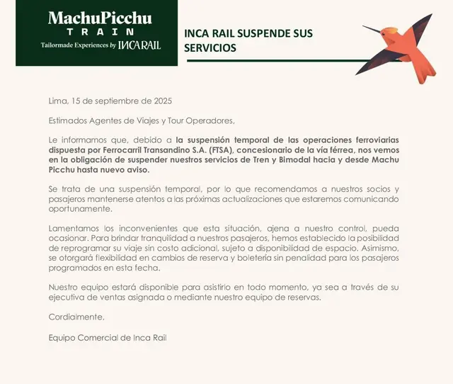 Ferrocaril Trasandino anuncia suspensión de servicios el 15 de stiembre Ferrocaril Trasandino anuncia suspensión de servicios el 15 de stiembre