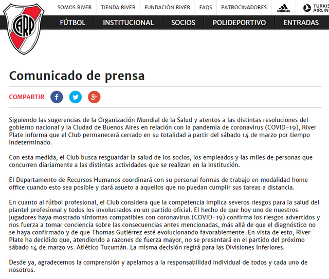 Comunicado de River Plate previo al partido ante Atlético Tucumán por la Copa de la Superliga Argentina.