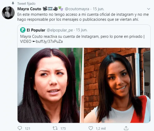 Mayra Couto revela que perdió el acceso a su cuenta. Foto: Captura Twitter.