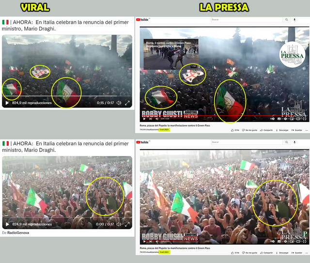 Comparación de imágenes. Foto: capturas en Twitter y la página de La Pressa.