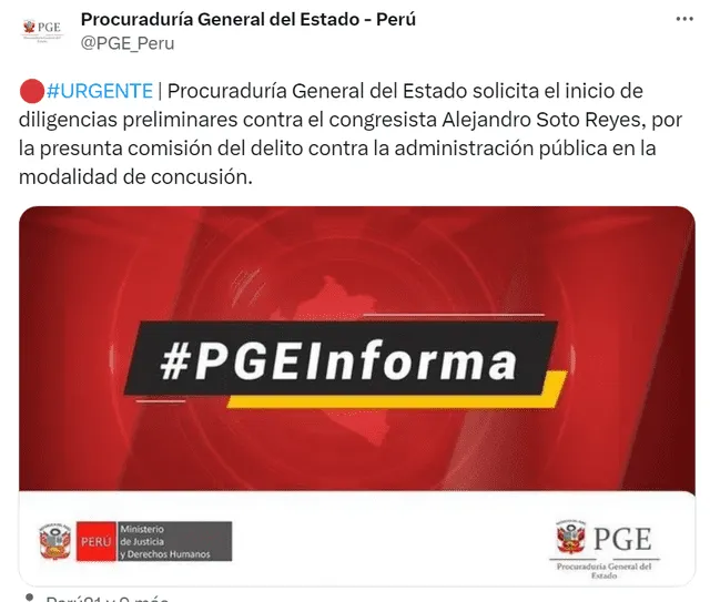 Soto asegura que se someterá a las diligencias. Foto: Twitter / @PGE_Peru    