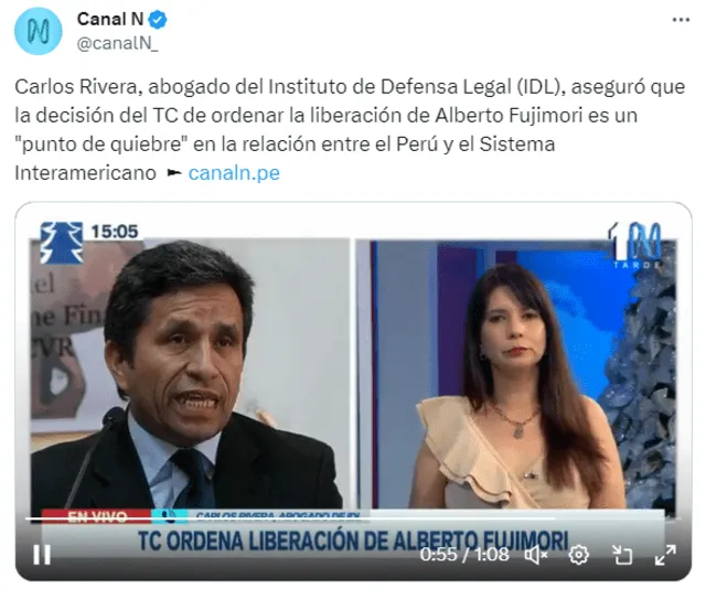  Carlos Rivera señala que este fallo es un "punto de quiebre" en la relación entre Perú y el sistema interamericano. Foto: Canal N/ X 