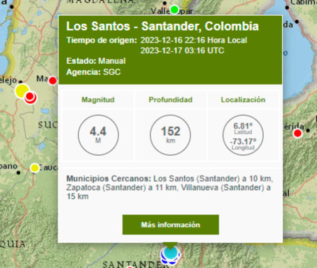 Último temblor hoy en Colombia. Foto: SGC   