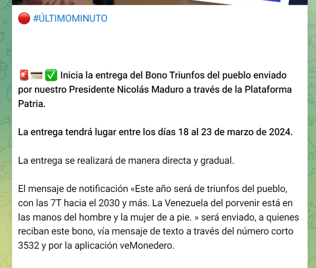 El Primer Bono Especial de marzo se llamó Bono Triunfos del Pueblo. Foto: Canal patria Digital/Telegram