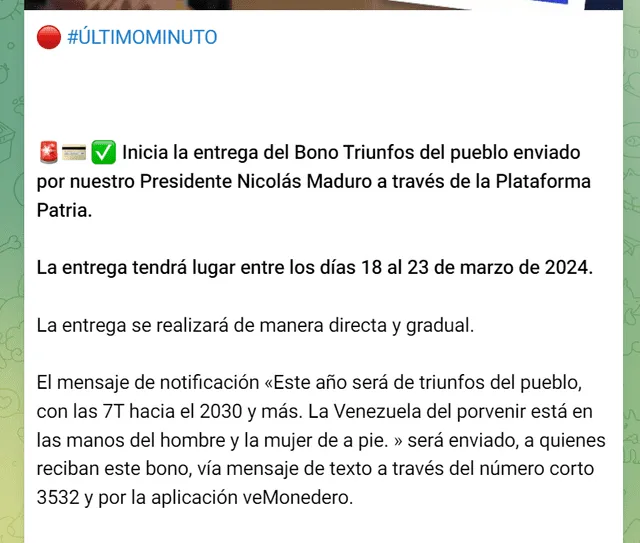 Anuncio del Bono Triunfos del Pueblo 2024. Foto: Canal Patria Digital   