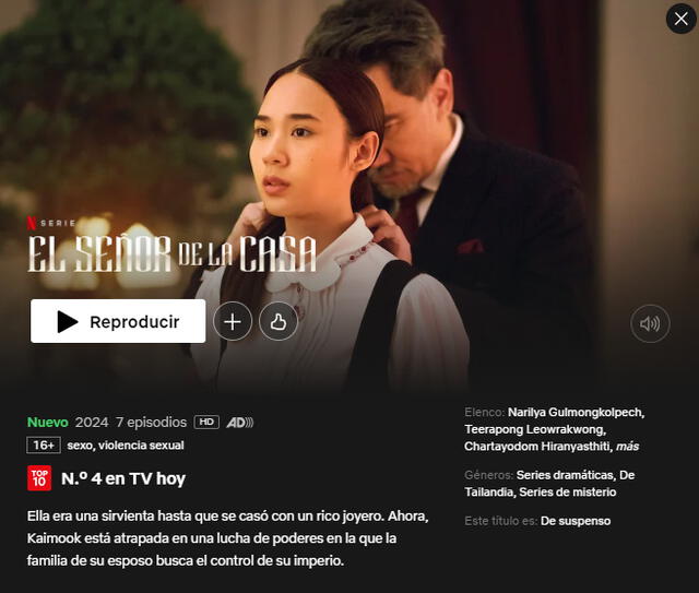  'El señor de la casa' es la cuarta serie más vista en Netflix Perú al 21 de julio. Foto: captura Netflix   