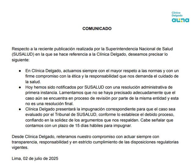 Clínica Delgado-Auna emitió comunicado tras sanción de SUSALUD.    