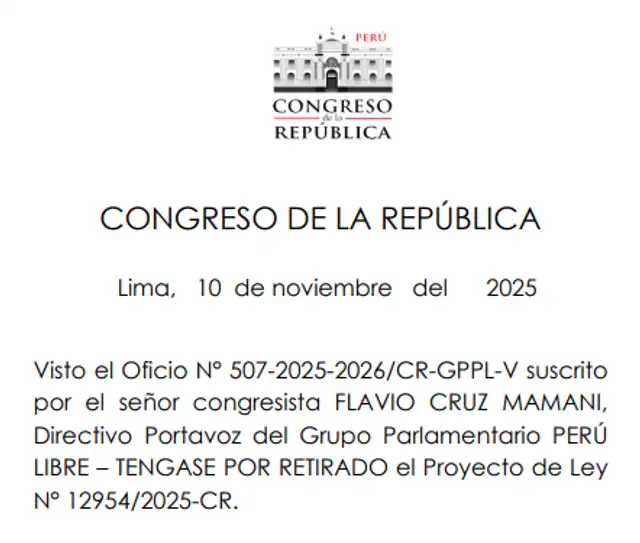 El Congreso retiró el proyecto de Ley 12954. Fuente: Congreso del Perú