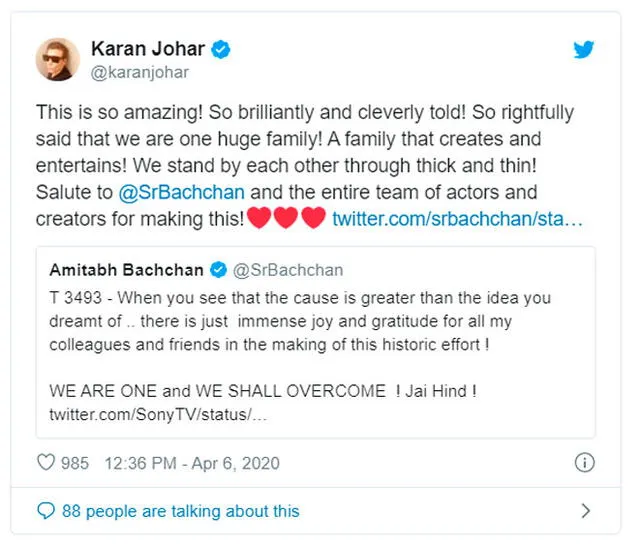 En Twitter, Karan Johar celebró el proyecto de Prasoon Pandey en colaboración con Amitabh Bachchan.