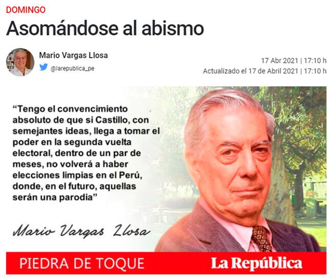 Columna de Mario Vargas Llosa en La República. Foto: captura de LR.