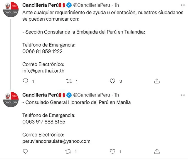 La embajada puso números de contacto a disposición de la ciudadanía en caso de que algún peruano en Filipinas necesite tramitar requerimiento alguno. Foto: Captura.