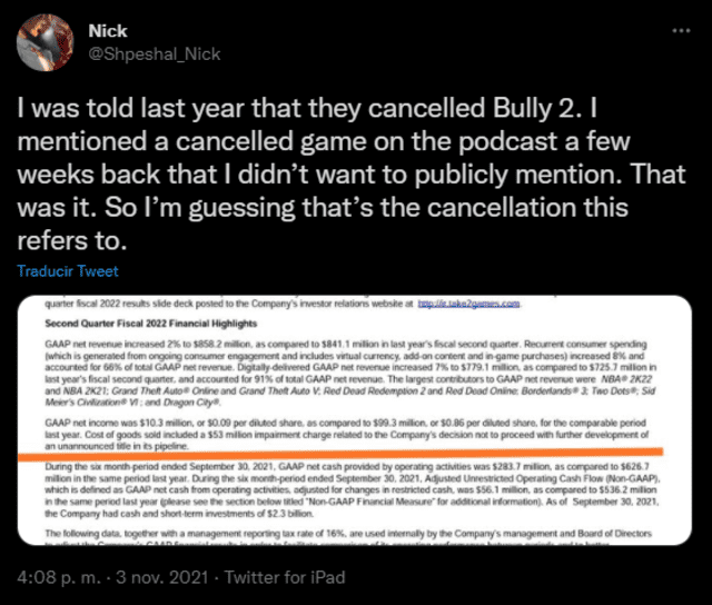 Bully 2 fue cancelado en 2009 según testimonio de