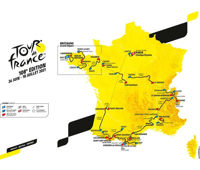 Mapa con el recorrido de las 21 etapas del Tour de Francia 2021. Foto: ASO