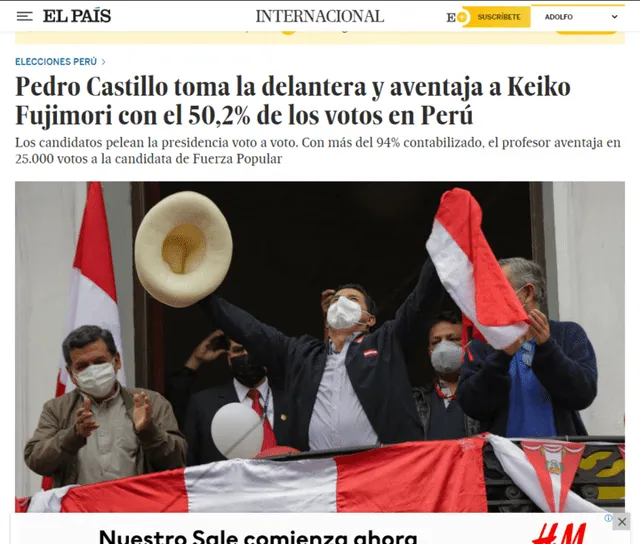 El Diario El País titula: Pedro Castillo toma la delantera