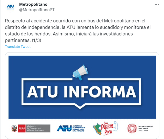  Comunicado de ATU informó el estado del accidente en Independencia. (Cuenta oficial de Twitter)   