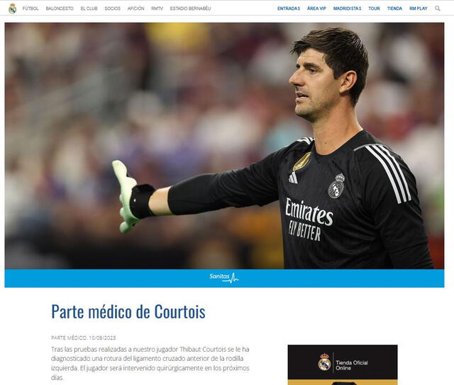 Parte médico de Real Madrid sobre lesión de Thibaut Courtois. Foto: captura de Real Madrid   