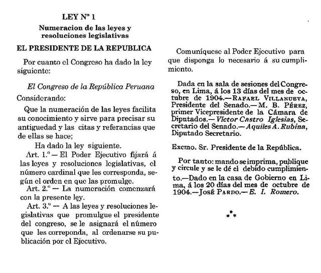  La Ley Nº 1. Foto: Archivo del Congreso.   