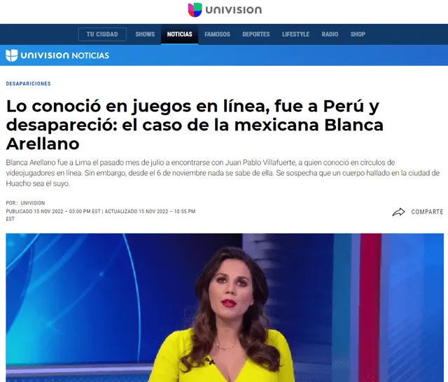 Así informa Univisión sobre el caso Blanca Arellano Gutiérrez. Foto: captura Univisión