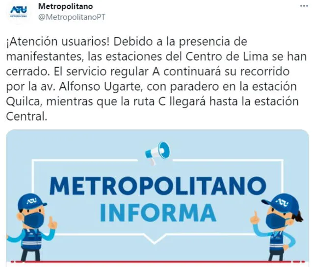 El mensaje del Metropolitano en Twitter. Foto: Metropolitano