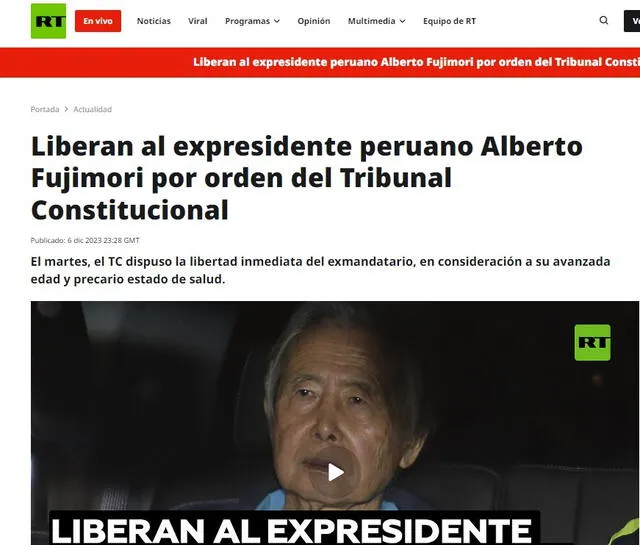  Así informó RT sobre la liberación de Alberto Fujimori. Foto: RT 