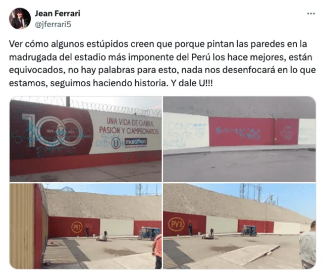 Denuncia de Jean Ferrari sobre pintas en el Monumental. Foto: Twitter/Jean Ferrari.   