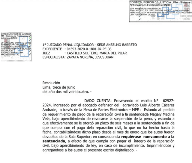 Documento legal sobre el el lío legal entre Lucho Cáceres y Magaly Medina. Foto: difusión   