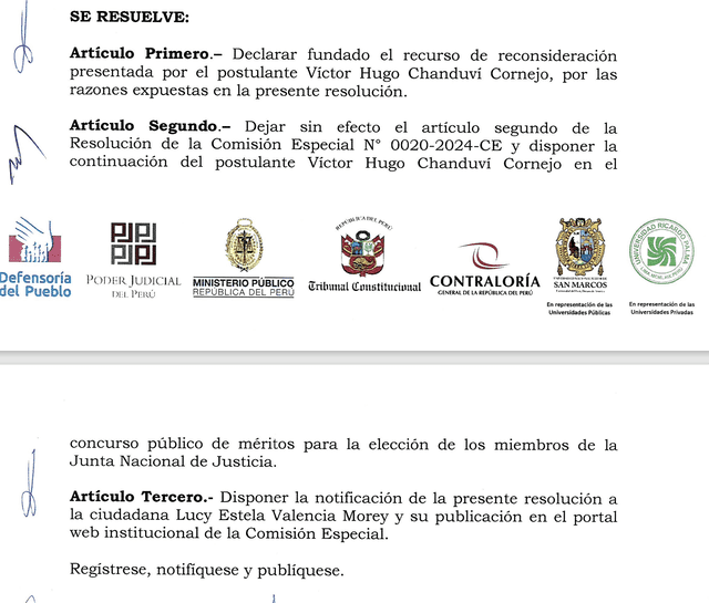 Resolución de la Comisión Especial JNJ que reincorpora a Víctor Hugo Chanduví. Resolución de la Comisión Especial JNJ que reincorpora a Víctor Hugo Chanduví.