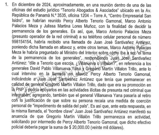  Extracto del documento de la Fiscalía donde detallan que Santiváñez, a través de Percy Tenorio, cobró 20.000 dólares al exjefe PNP Gregorio Villalón Trillo | Foto: LR.    