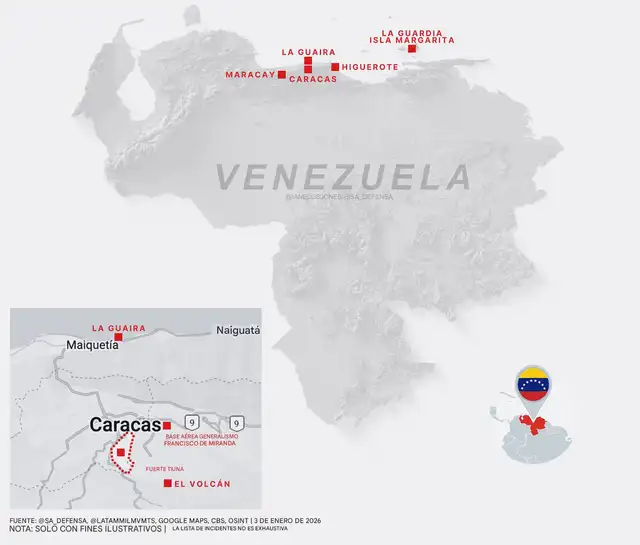 Zonas atacadas por el Ejército de Estados Unidos en Venezuela. Foto: Ian Ellis / SA_Defensa Zonas atacadas por el Ejército de Estados Unidos en Venezuela. Foto: Ian Ellis / SA_Defensa