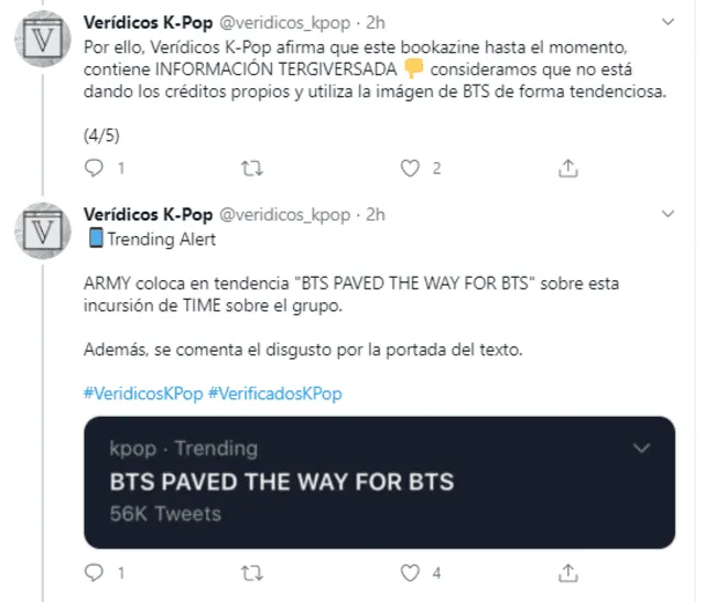 La cuenta Verídicos K-pop hizo eco de los reclamos de ARMY y calificó de tergiversada la información publicada por TIME sobre BTS. Crédito: captura Twitter.