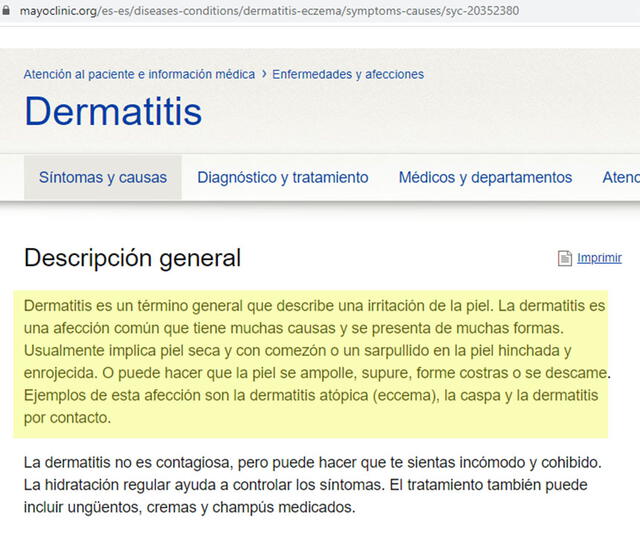Dermatitis por Mayo Clinic. Foto: captura web Mayo Clinic.