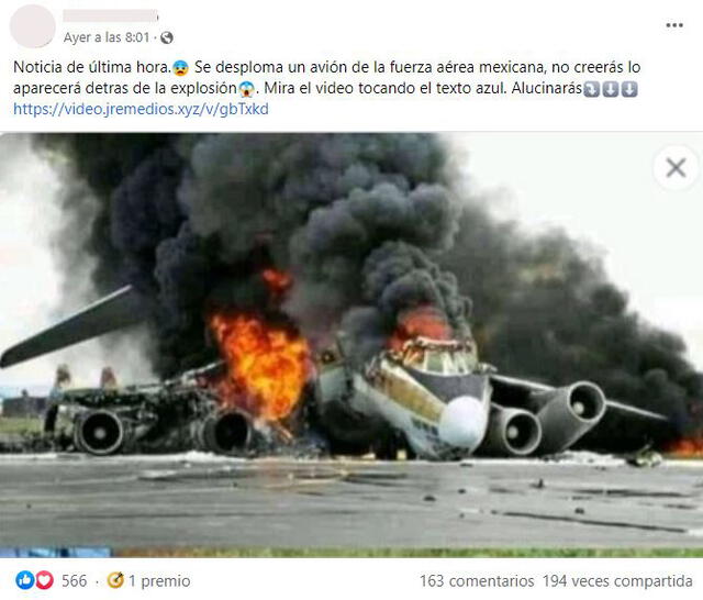Post anuncia un supuesto accidente de un avión de la Fuerza Aérea Mexicana. Foto: captura en Facebook.