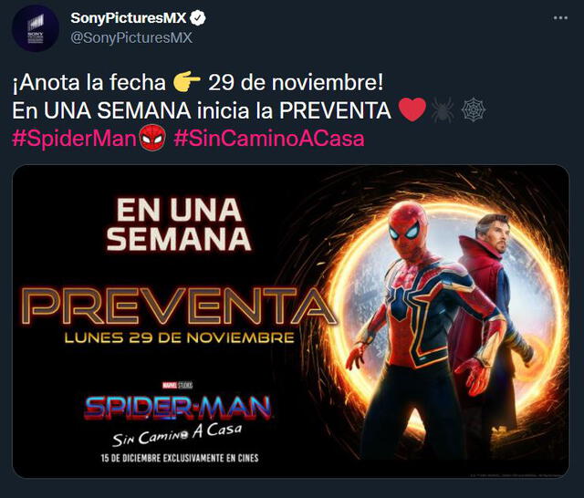 Spider-Man: no way home anunció el inicio de su preventa en México. Foto: @SonyPicturesMX