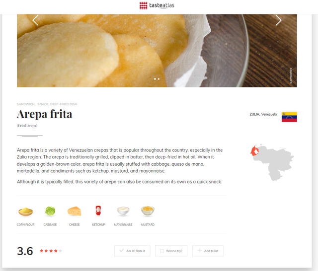  Así figura la arepa frita en Taste Atlas. Foto: Taste Atlas   