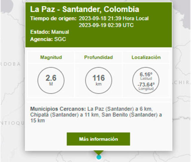 Último temblor hoy en Colombia. Foto: SGC   