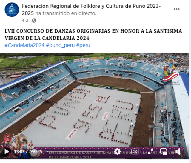  "Puno sí es el Perú" fue el mensaje que formaron los concursantes en el estadio de la UNA durante la Candelaria 2024. Foto: captura en Facebook / Federación Regional de Folklore y Cultura de Puno.    