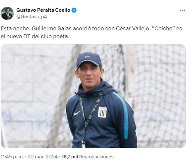 Publicación del periodista Gustavo Peralta sobre 'Chicho' Salas. <strong>Foto: captura 'X'</strong>   