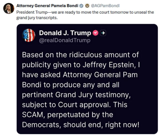 Pam Bondi anunció que el pedido del presidente se hará efectivo. Pam Bondi anunció que el pedido del presidente se hará efectivo.